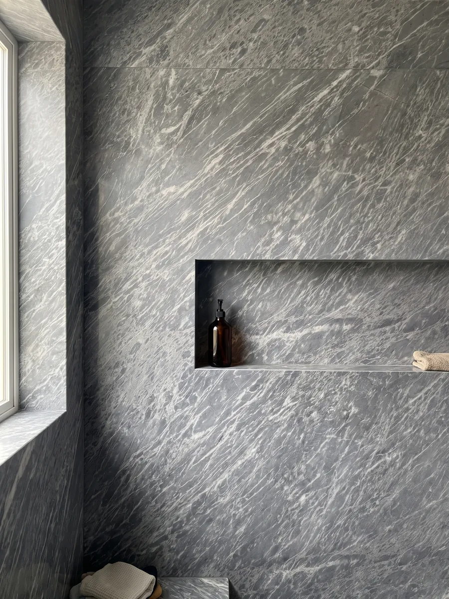 Ducha revestida con placas enteras de Mármol Gris Perla con nicho empotrado: gris azulado cubierto de trazos blancos finos y paralelos en diagonal