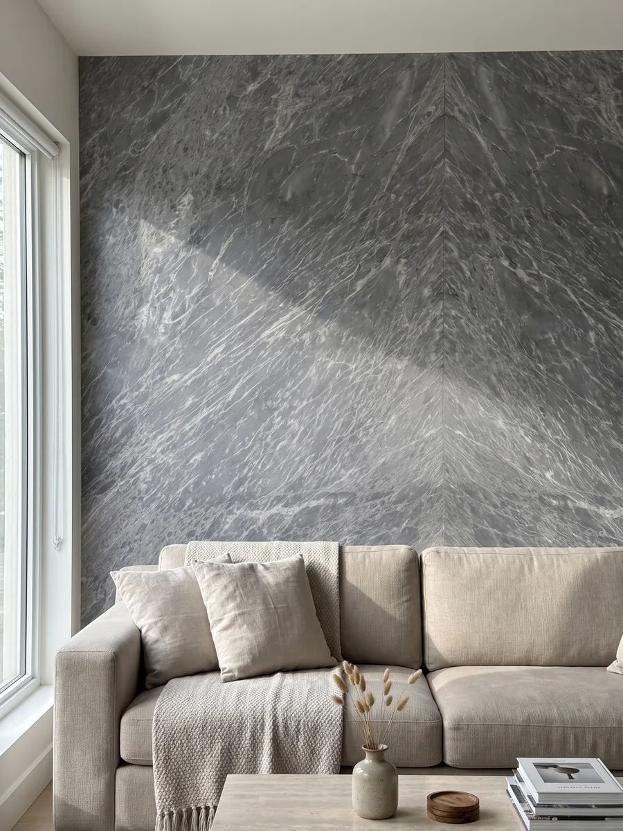 Pared de sala revestida con placas de Mármol Gris Perla abiertas en libro detrás de un sofá: gris azulado cubierto de trazos blancos finos y paralelos en diagonal