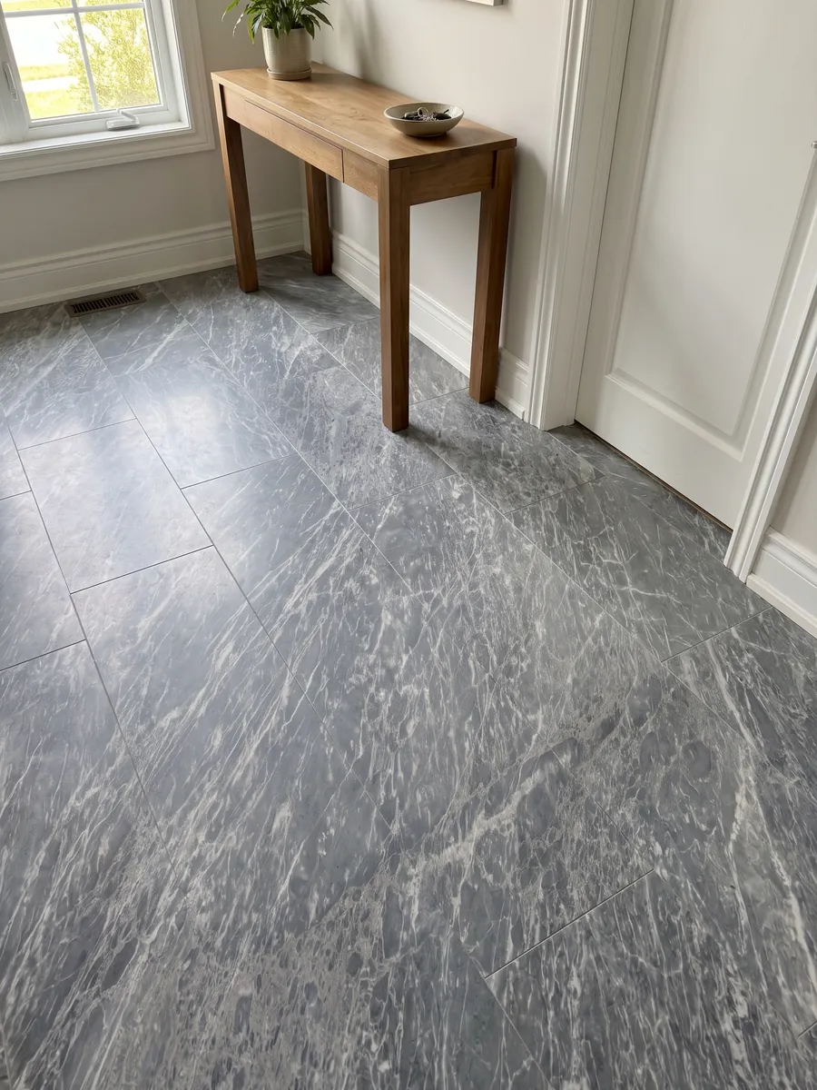 Piso de recibidor en placas grandes de Mármol Gris Perla con luz natural: gris azulado cubierto de trazos blancos finos y paralelos en diagonal