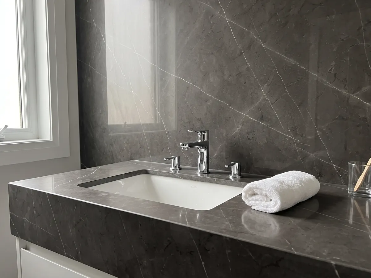 Cubierta de lavabo y pared de baño en mármol gris Pietra Grey con lavamanos blanco y grifería cromada: gris oscuro con pocas vetas finas gris claro