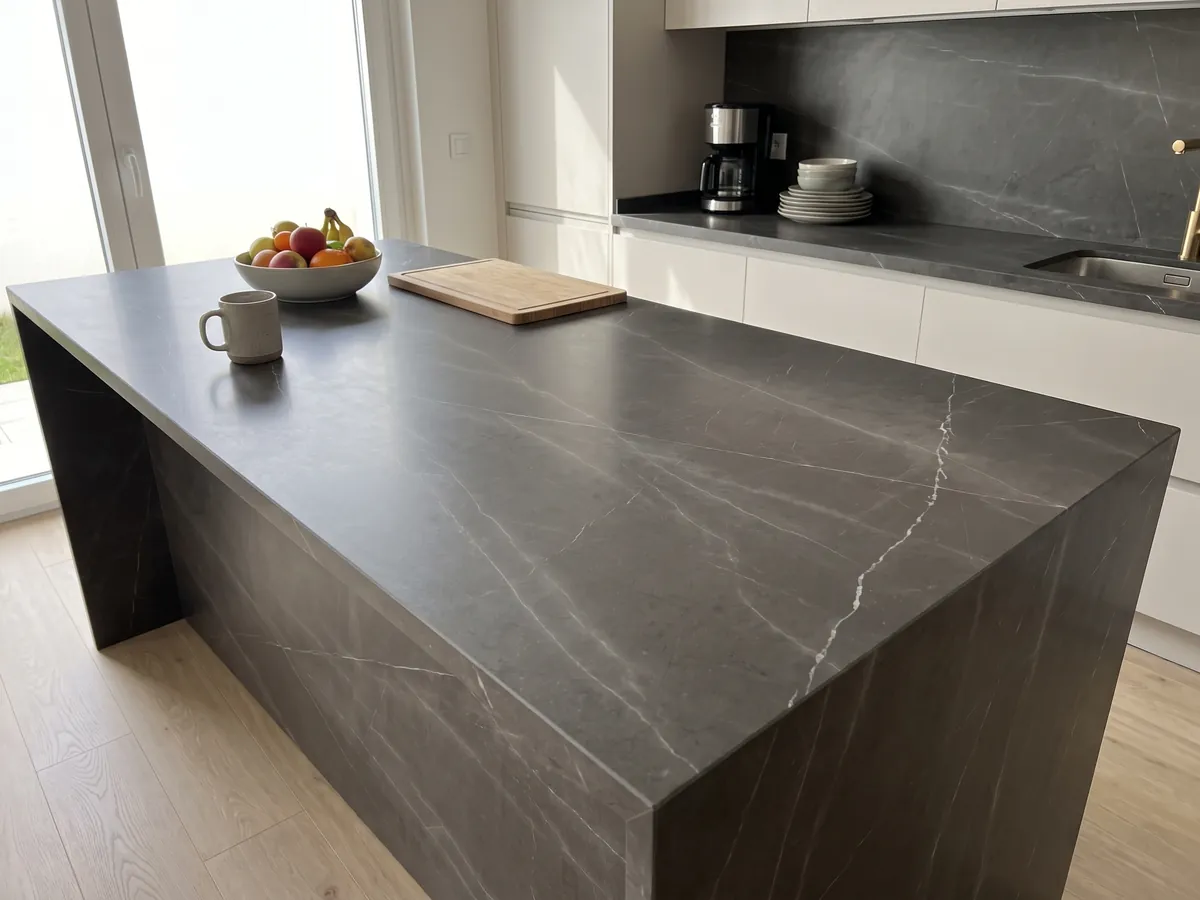 Isla de cocina con cubierta de mármol gris Pietra Grey y canto recto en una cocina con luz natural: gris oscuro con pocas vetas finas gris claro