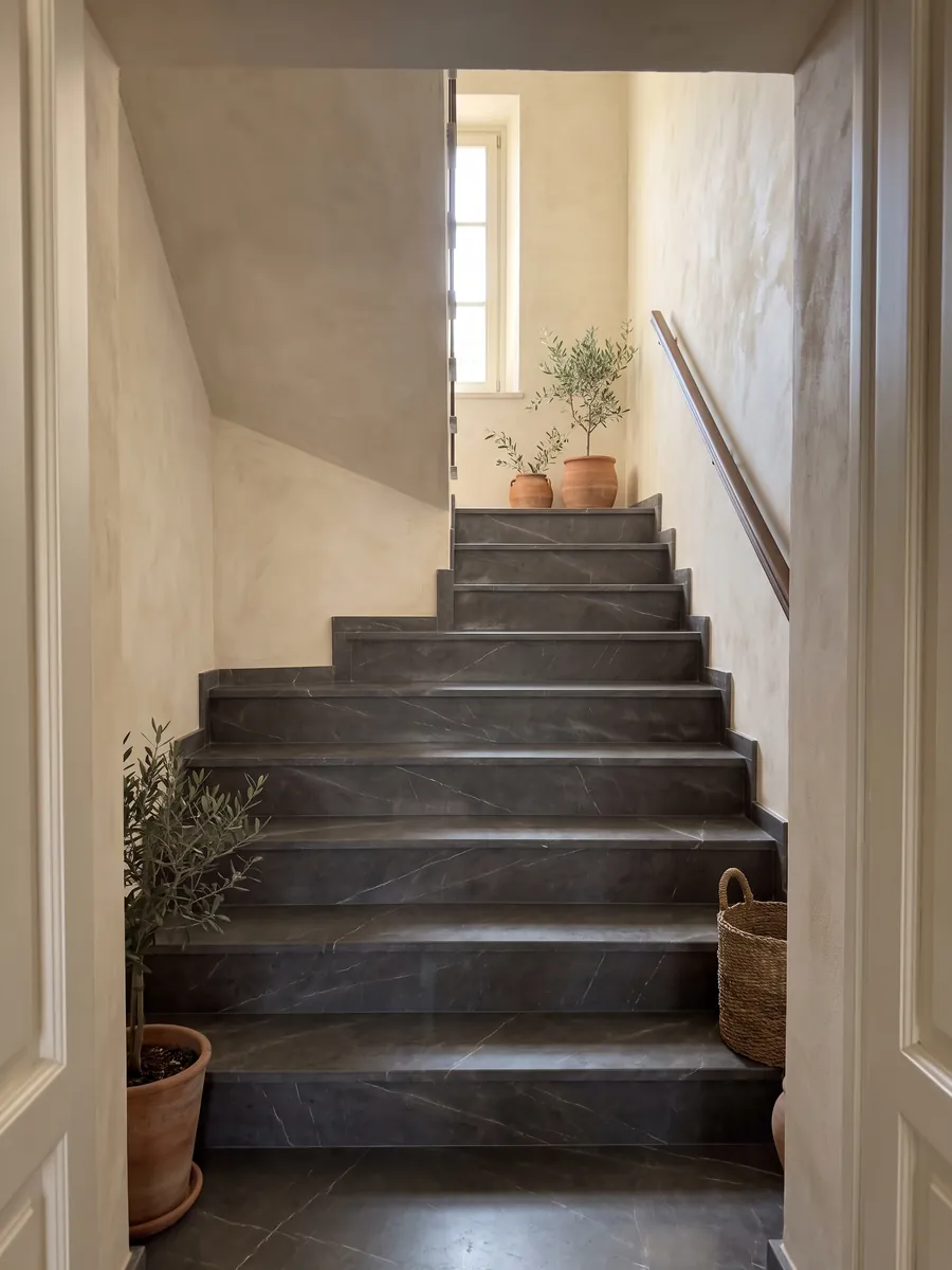 Escalera interior con peldaños de mármol gris Pietra Grey con pasamanos: gris oscuro con pocas vetas finas gris claro