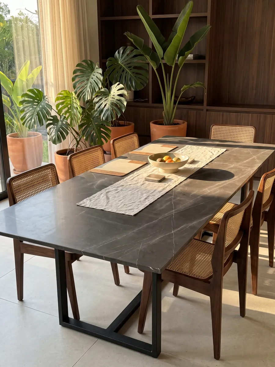 Mesa de comedor con cubierta de mármol gris Pietra Grey sobre base de acero: gris oscuro con pocas vetas finas gris claro