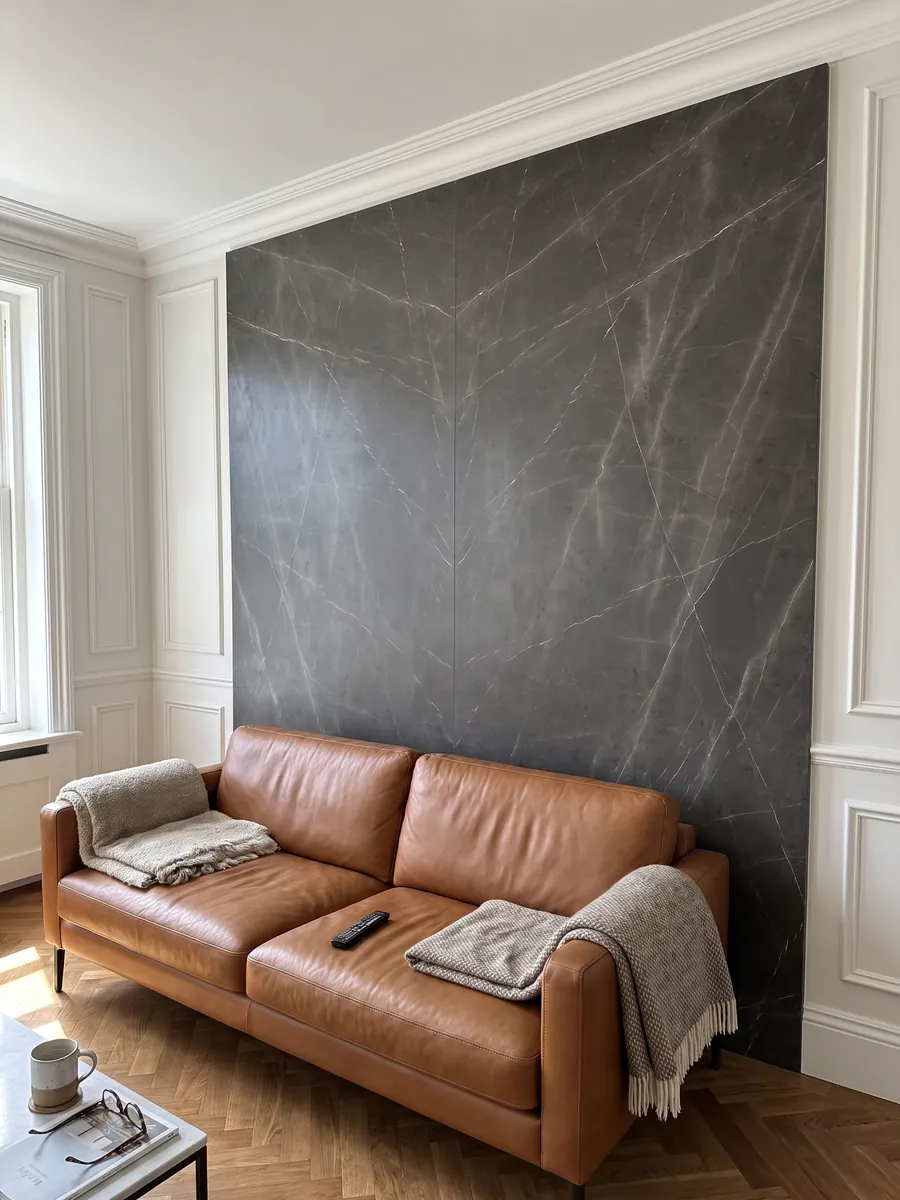 Pared de sala revestida con placas de mármol gris Pietra Grey abiertas en libro detrás de un sofá: gris oscuro con pocas vetas finas gris claro
