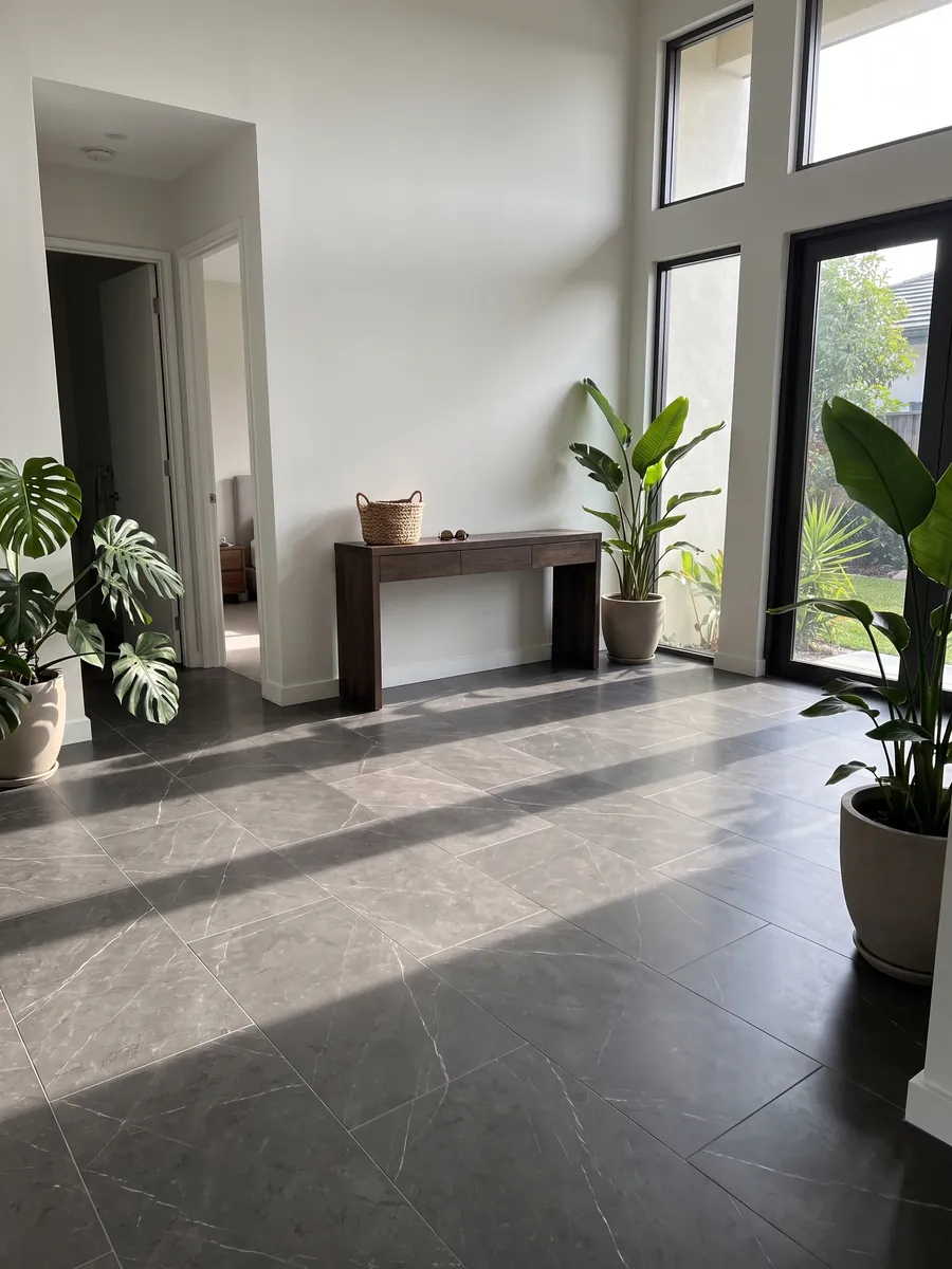 Piso de recibidor en placas grandes de mármol gris Pietra Grey con luz natural: gris oscuro con pocas vetas finas gris claro