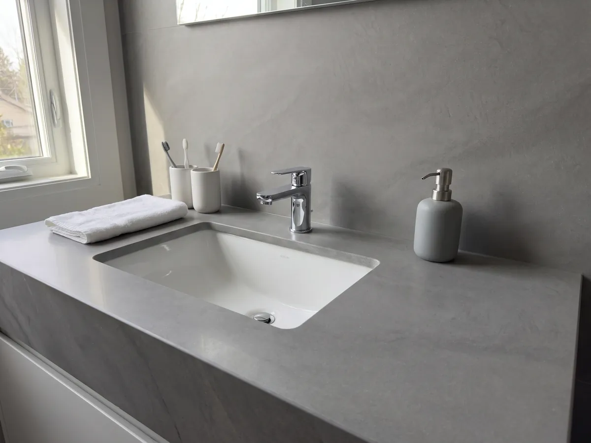 Cubierta de lavabo y pared de baño en mármol gris Pietra Serena con lavamanos blanco y grifería cromada: gris medio liso y uniforme, sin vetas