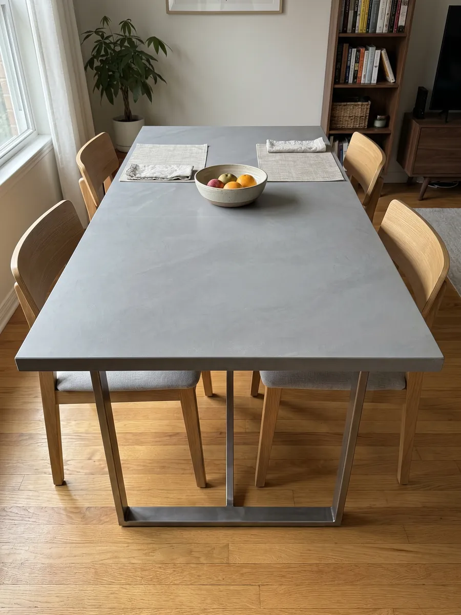 Mesa de comedor con cubierta de mármol gris Pietra Serena sobre base de acero: gris medio liso y uniforme, sin vetas