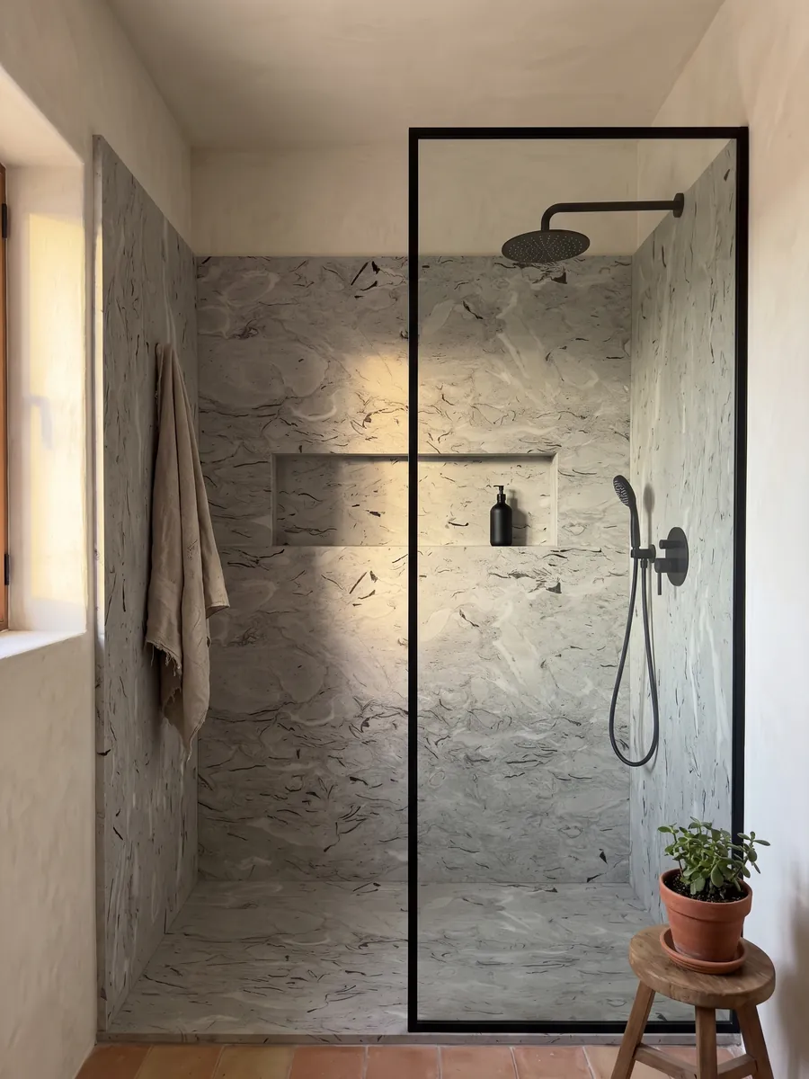 Ducha revestida con placas enteras de mármol gris Repen con nicho empotrado: gris claro con trazos negros curvos de fósiles y nubes horizontales