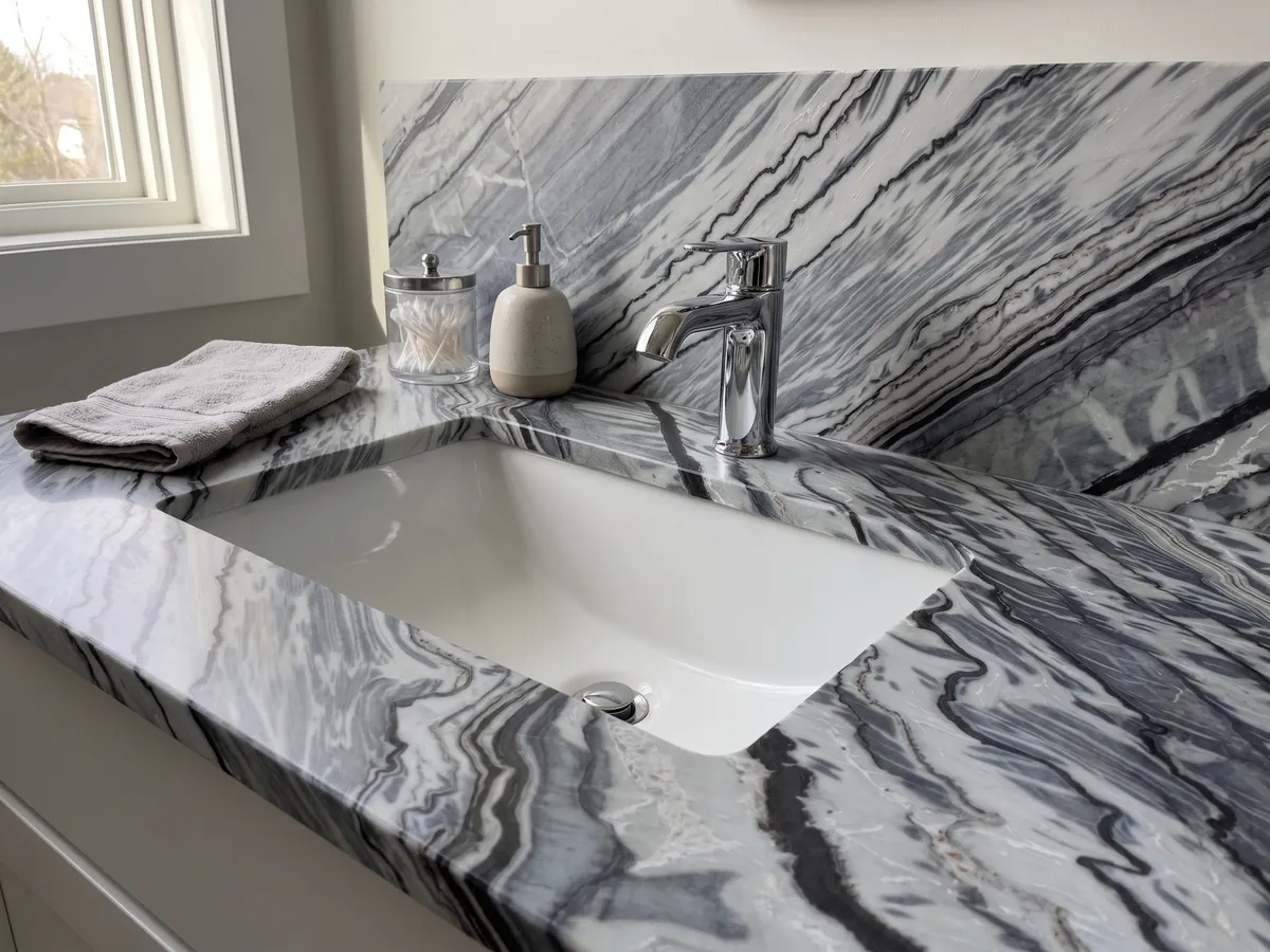 Cubierta de lavabo y pared de baño en mármol gris Silver Stream con lavamanos blanco y grifería cromada: bandas onduladas negras y gris azulado que corren en diagonal