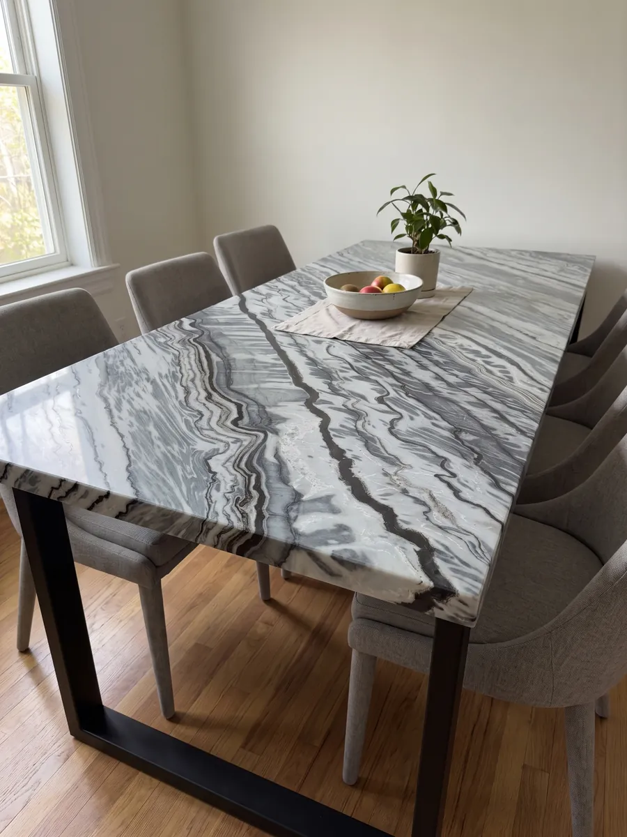 Mesa de comedor con cubierta de mármol gris Silver Stream sobre base de acero: bandas onduladas negras y gris azulado que corren en diagonal