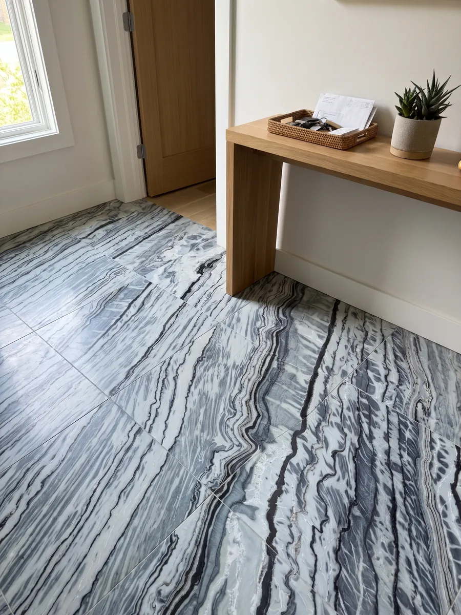 Piso de recibidor en placas grandes de mármol gris Silver Stream con luz natural: bandas onduladas negras y gris azulado que corren en diagonal