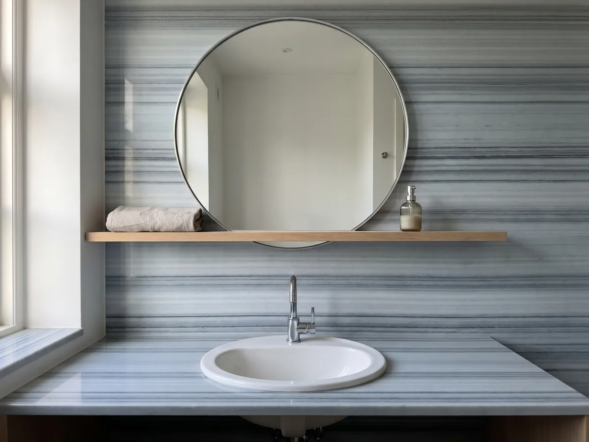 Cubierta de lavabo y pared de baño en mármol gris Striato Olimpico: franjas horizontales perfectamente paralelas en tonos gris azulado y blanco, como rayas continuas