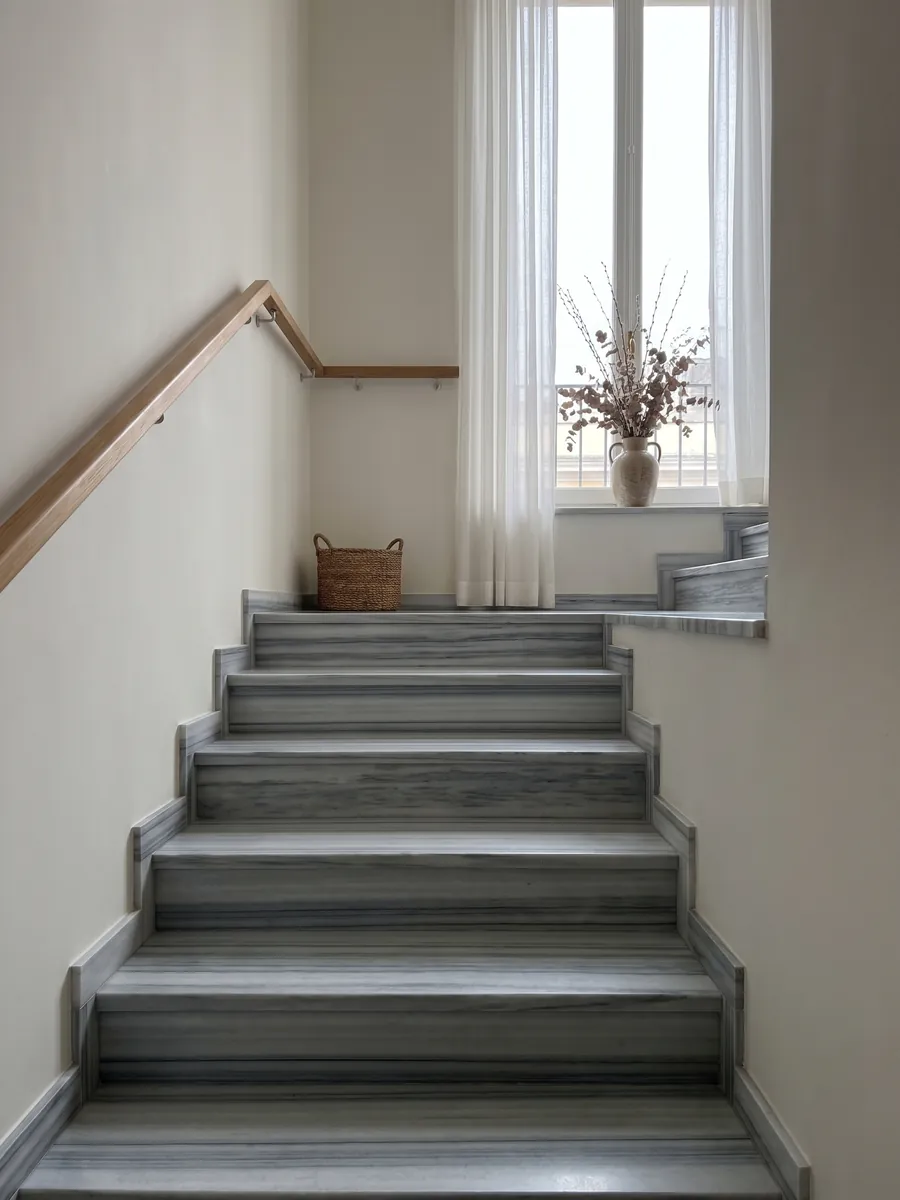 Escalera interior con peldaños de mármol gris Striato Olimpico con pasamanos: franjas horizontales perfectamente paralelas en tonos gris azulado y blanco, como rayas continuas
