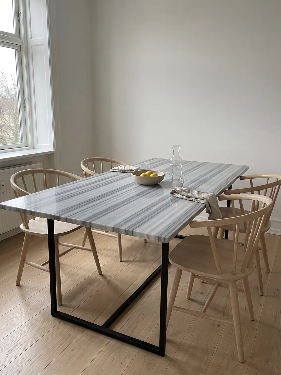 Mesa de comedor con cubierta de mármol gris Striato Olimpico sobre base de acero: franjas horizontales perfectamente paralelas en tonos gris azulado y blanco, como rayas continuas