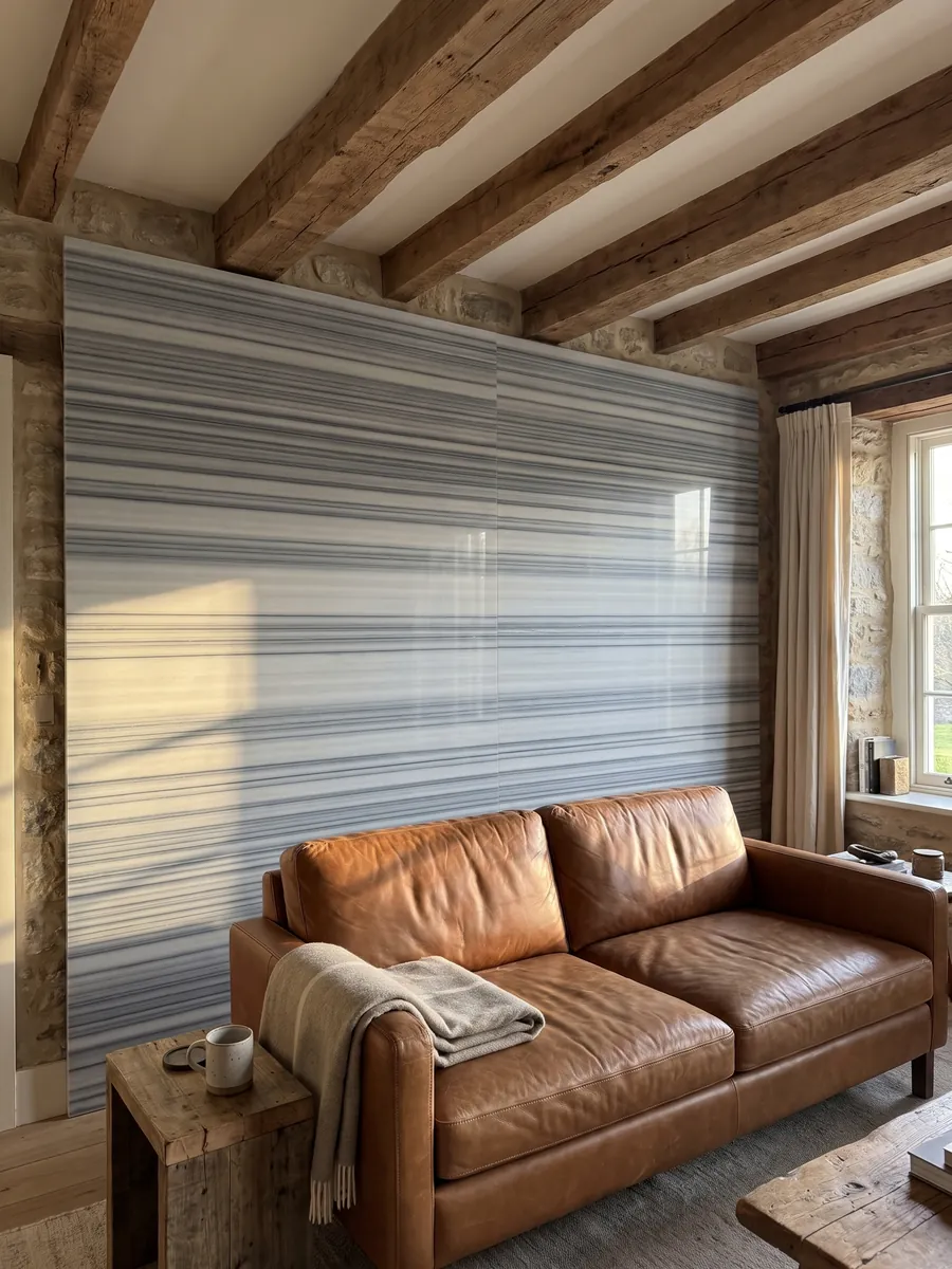 Pared de sala revestida con placas de mármol gris Striato Olimpico abiertas en libro: franjas horizontales perfectamente paralelas en tonos gris azulado y blanco, como rayas continuas