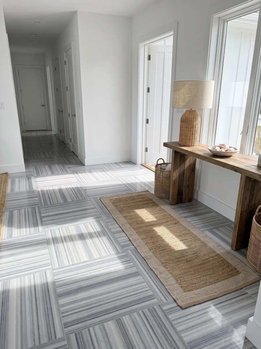 Piso de recibidor en placas grandes de mármol gris Striato Olimpico con luz natural: franjas horizontales perfectamente paralelas en tonos gris azulado y blanco, como rayas continuas