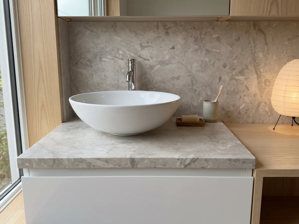 Cubierta de lavabo y pared de baño en mármol gris Tala Grey con lavamanos blanco y grifería cromada: fondo gris beige con trazos más claros y oscuros sueltos, aspecto suave y apagado