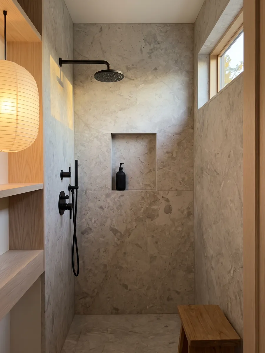 Ducha revestida con placas enteras de mármol gris Tala Grey con nicho empotrado: fondo gris beige con trazos más claros y oscuros sueltos, aspecto suave y apagado