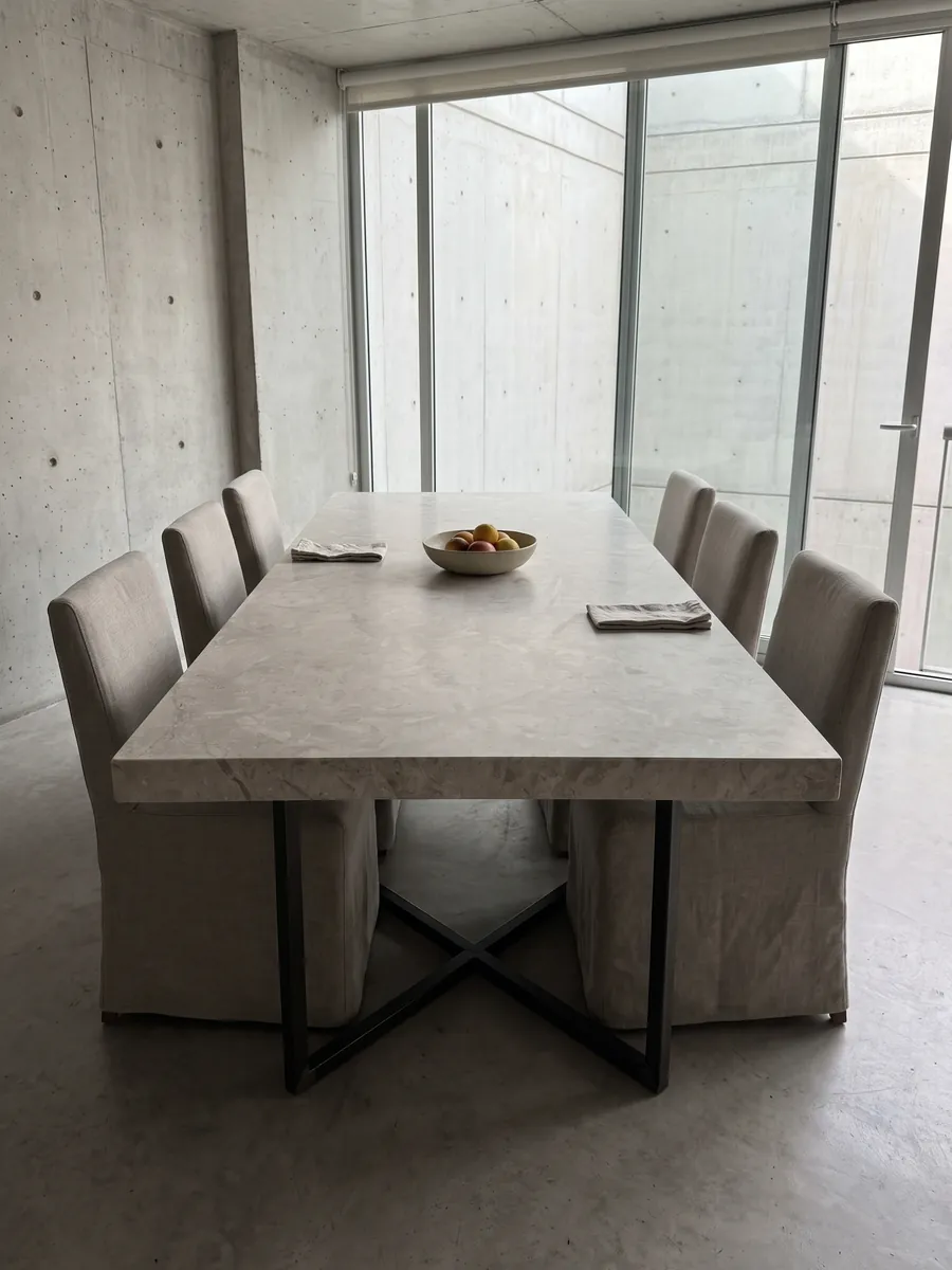 Mesa de comedor con cubierta de mármol gris Tala Grey sobre base de acero: fondo gris beige con trazos más claros y oscuros sueltos, aspecto suave y apagado
