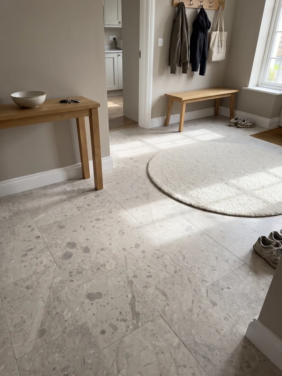 Piso de recibidor en placas grandes de mármol gris Tala Grey con luz natural: fondo gris beige con trazos más claros y oscuros sueltos, aspecto suave y apagado