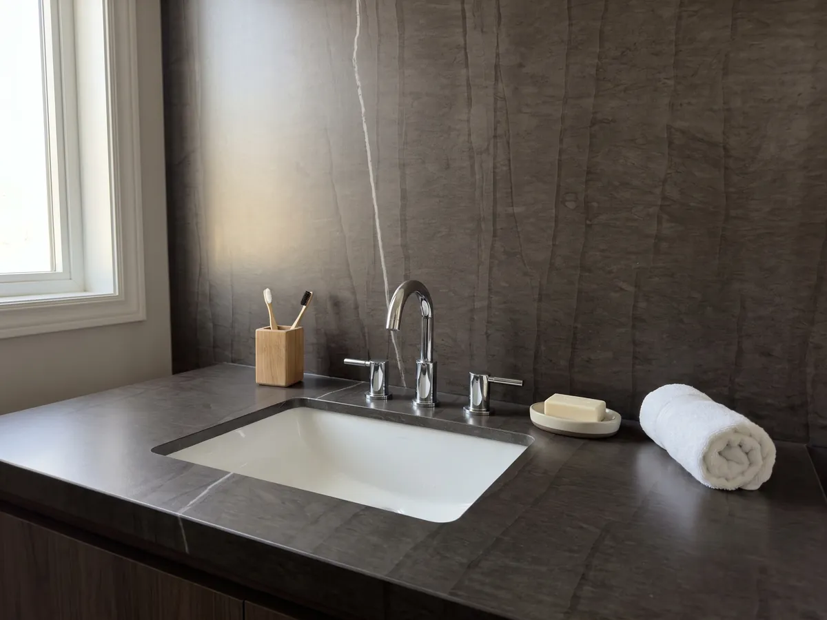 Cubierta de lavabo y pared de baño en Mármol Gris Tao con lavamanos blanco y grifería cromada: café oscuro con líneas verticales tenues y una única veta blanca fina