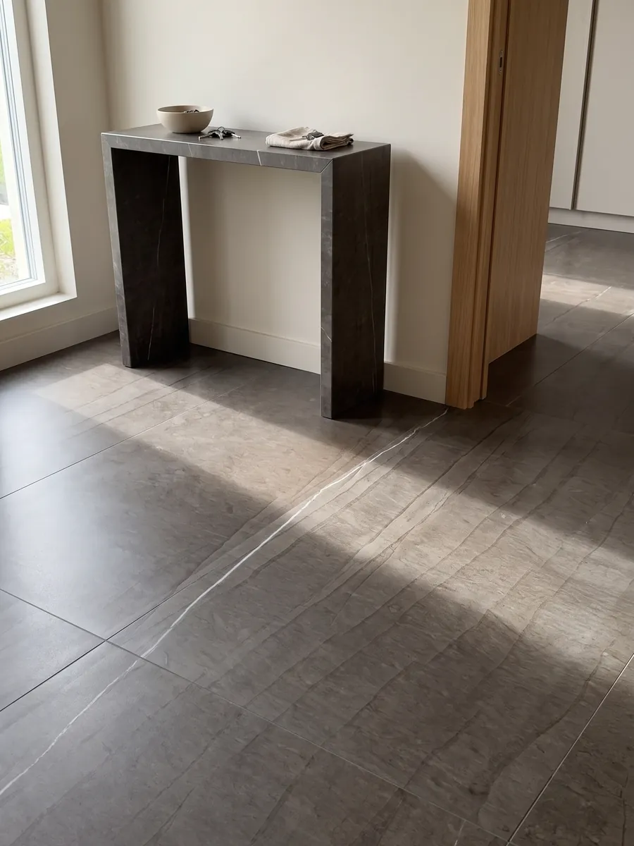 Piso de recibidor en placas grandes de Mármol Gris Tao con luz natural: café oscuro con líneas verticales tenues y una única veta blanca fina
