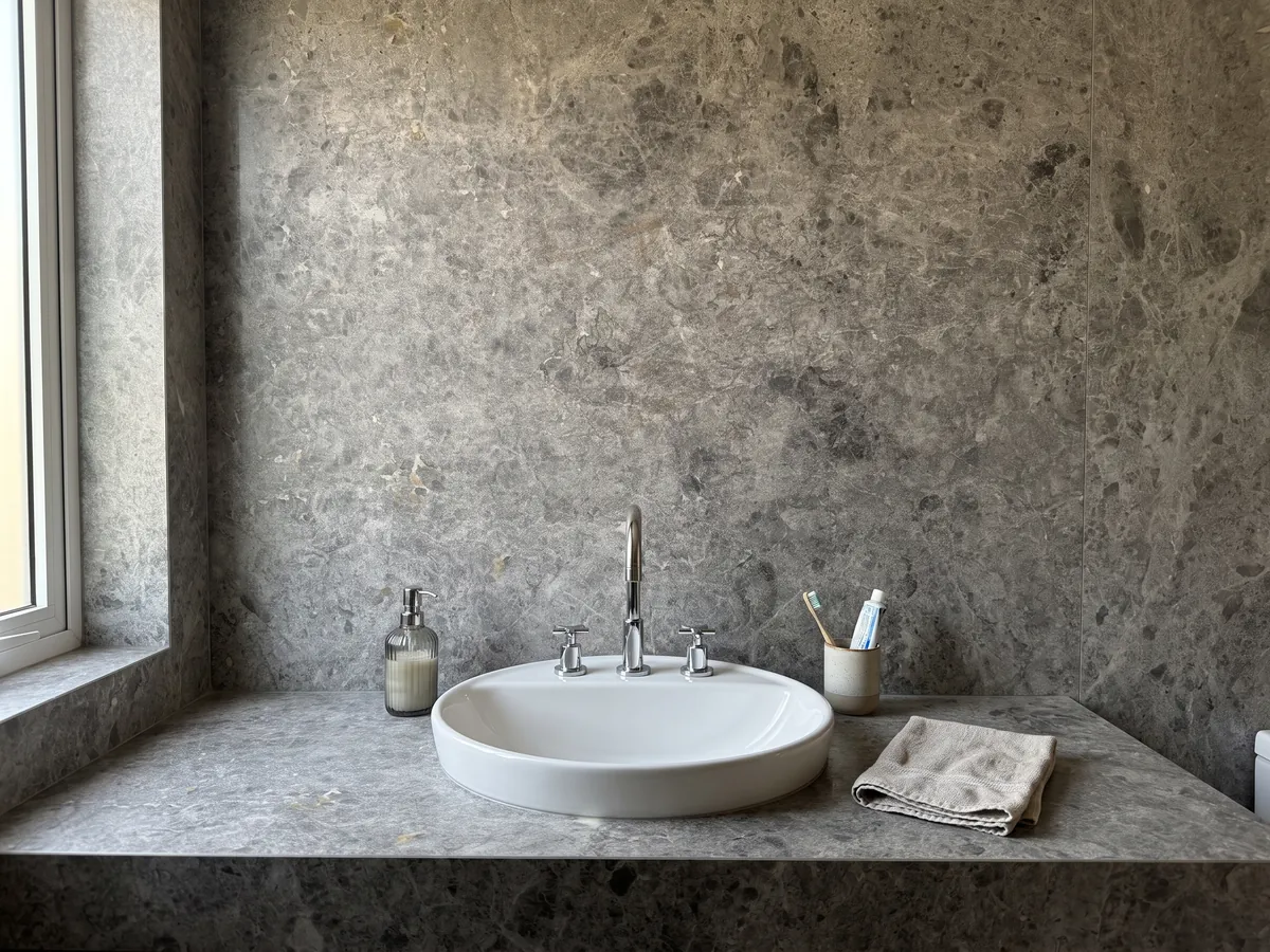 Cubierta de lavabo y pared de baño en mármol gris Tundra con lavamanos blanco y grifería cromada: gris medio con nubes más oscuras y salpicado fino de puntos claros