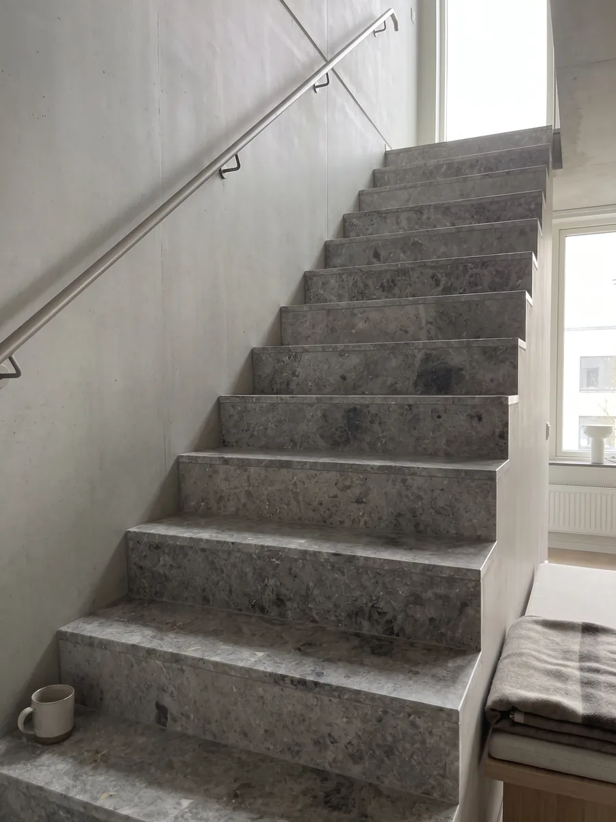 Escalera interior con peldaños de mármol gris Tundra con pasamanos: gris medio con nubes más oscuras y salpicado fino de puntos claros