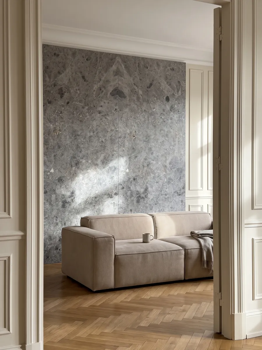 Pared de sala revestida con placas de mármol gris Tundra abiertas en libro detrás de un sofá: gris medio con nubes más oscuras y salpicado fino de puntos claros