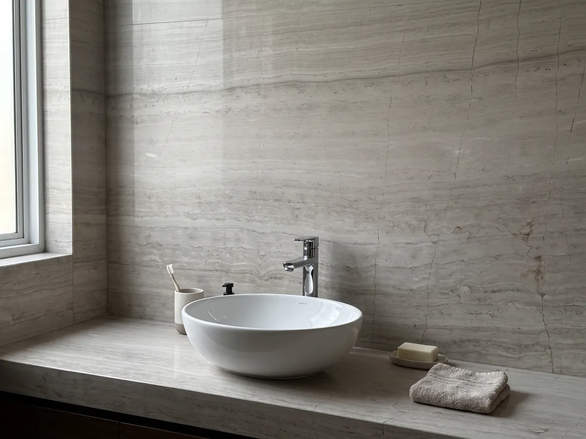Cubierta de lavabo y pared de baño en mármol gris White Wood con lavamanos blanco y grifería cromada: gris claro con líneas horizontales finas que imitan la fibra de la madera