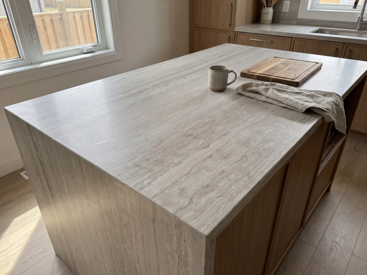 Isla de cocina con cubierta de mármol gris White Wood y canto recto en una cocina con luz natural: gris claro con líneas horizontales finas que imitan la fibra de la madera