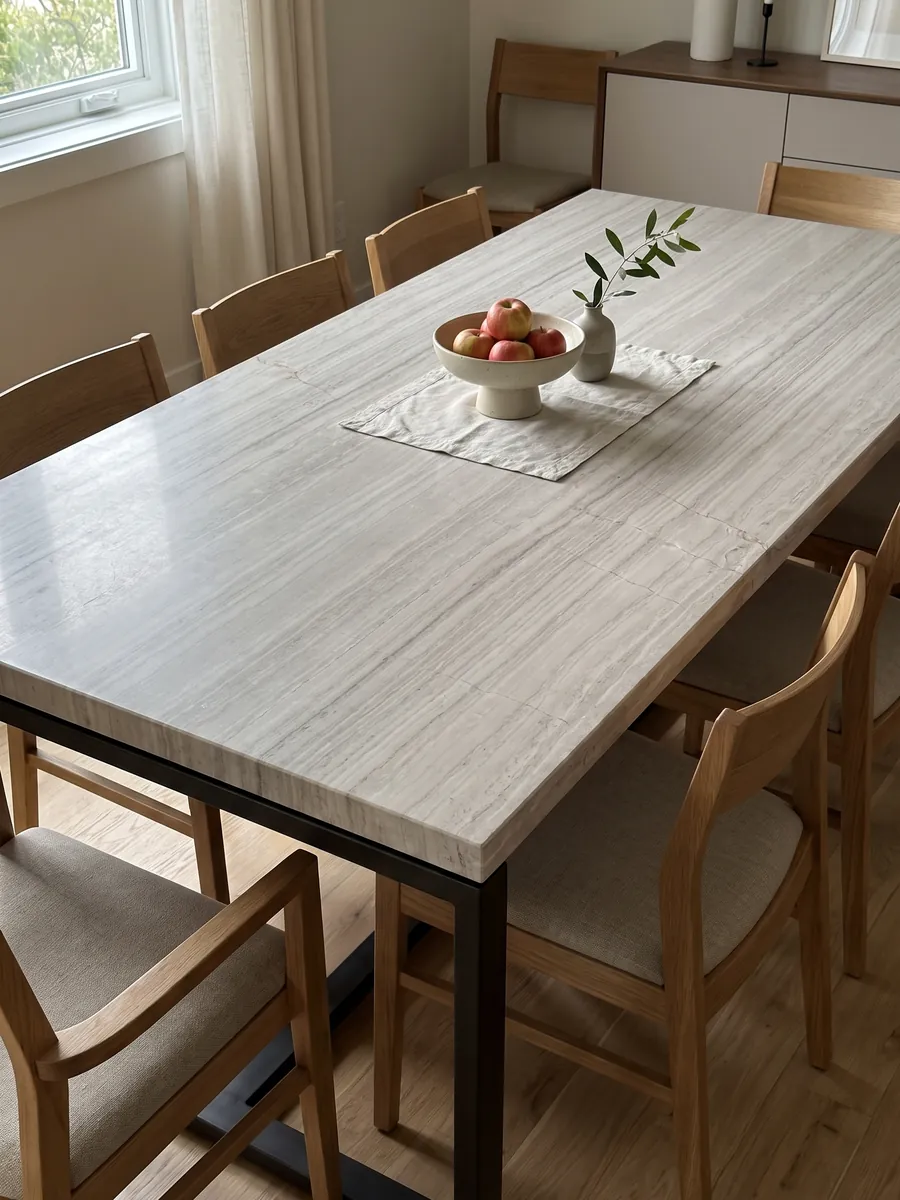 Mesa de comedor con cubierta de mármol gris White Wood sobre base de acero: gris claro con líneas horizontales finas que imitan la fibra de la madera