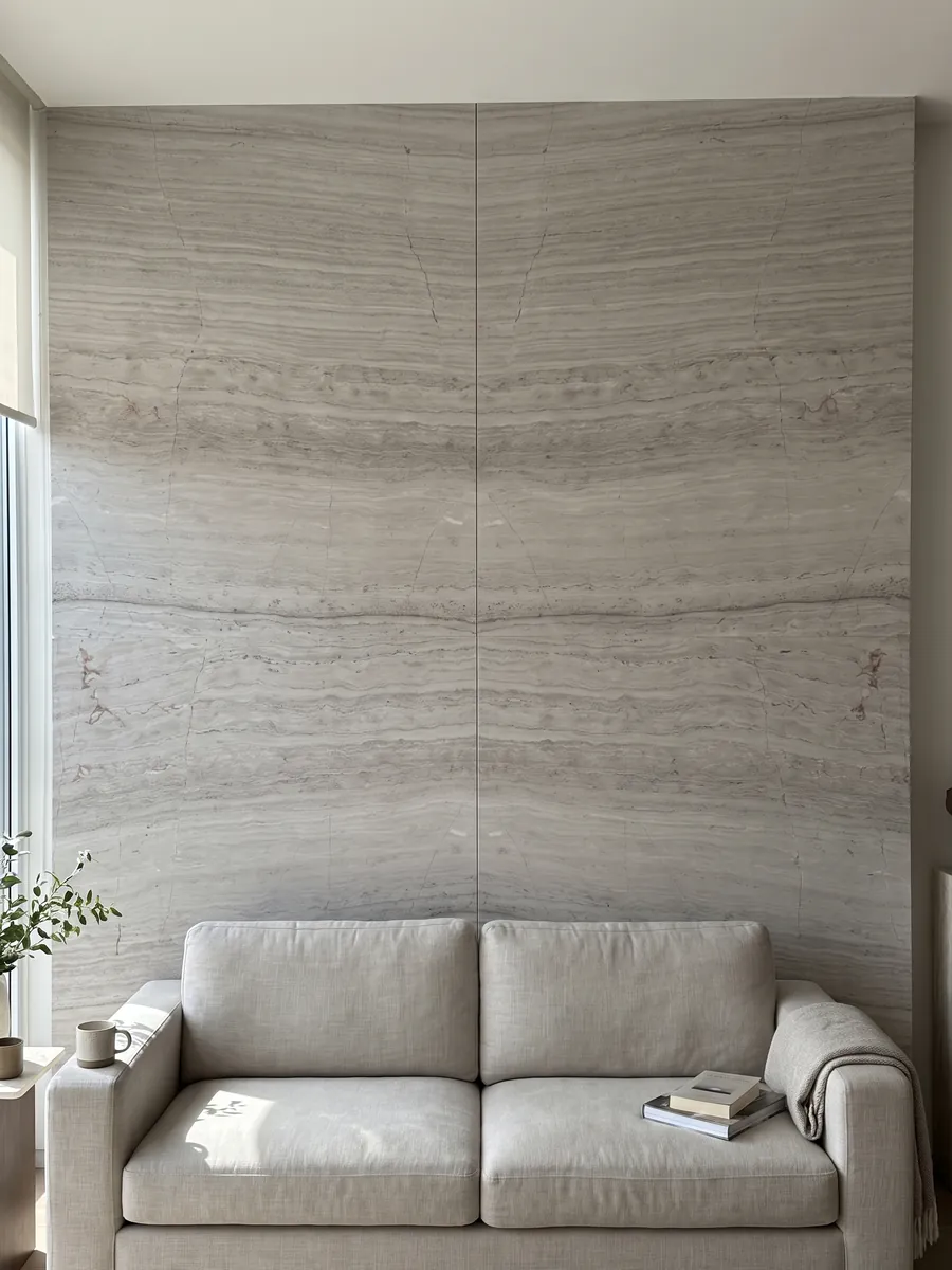 Pared de sala revestida con placas de mármol gris White Wood abiertas en libro detrás de un sofá: gris claro con líneas horizontales finas que imitan la fibra de la madera