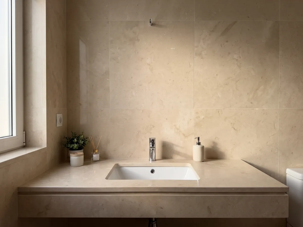 Cubierta de lavabo y pared de baño en Mármol Marfil con lavamanos blanco y grifería cromada: beige cálido casi liso, con variaciones de tono muy suaves