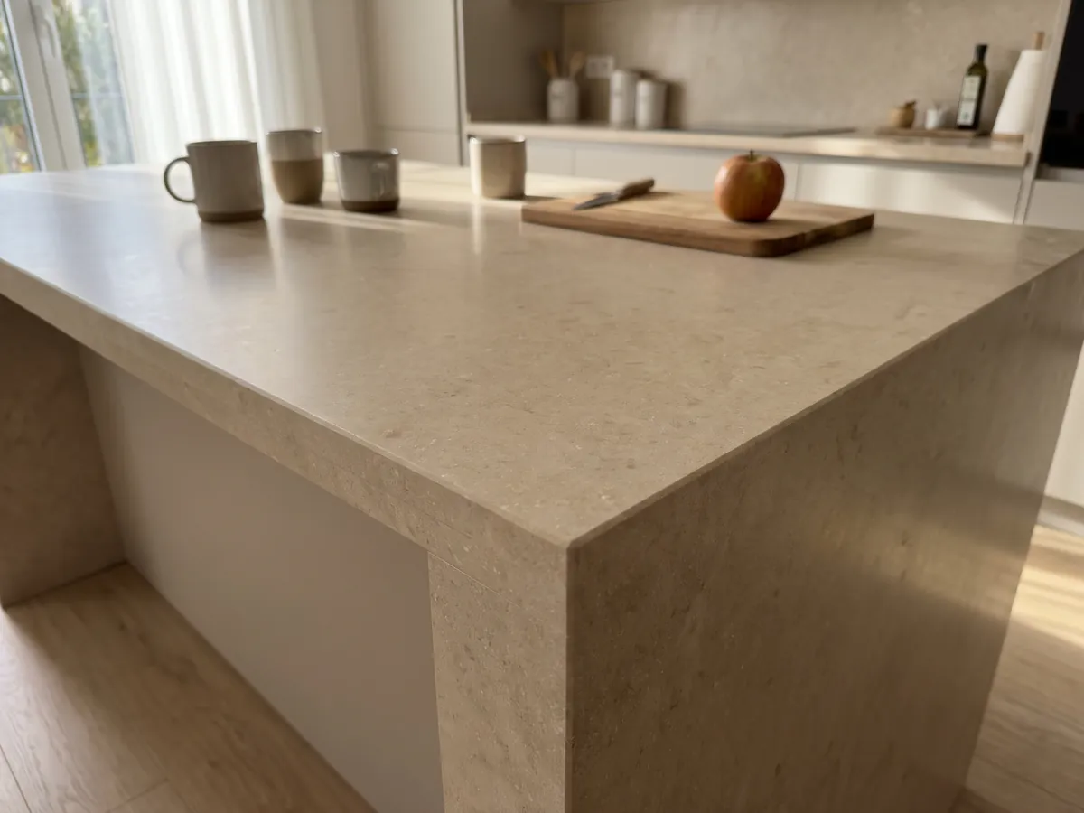 Isla de cocina con cubierta de Mármol Marfil y canto recto en una cocina con luz natural: beige cálido casi liso, con variaciones de tono muy suaves