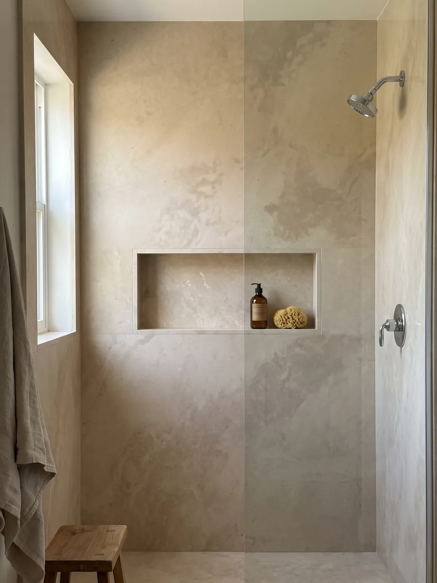 Ducha revestida con placas enteras de Mármol Marfil con nicho empotrado: beige cálido casi liso, con variaciones de tono muy suaves