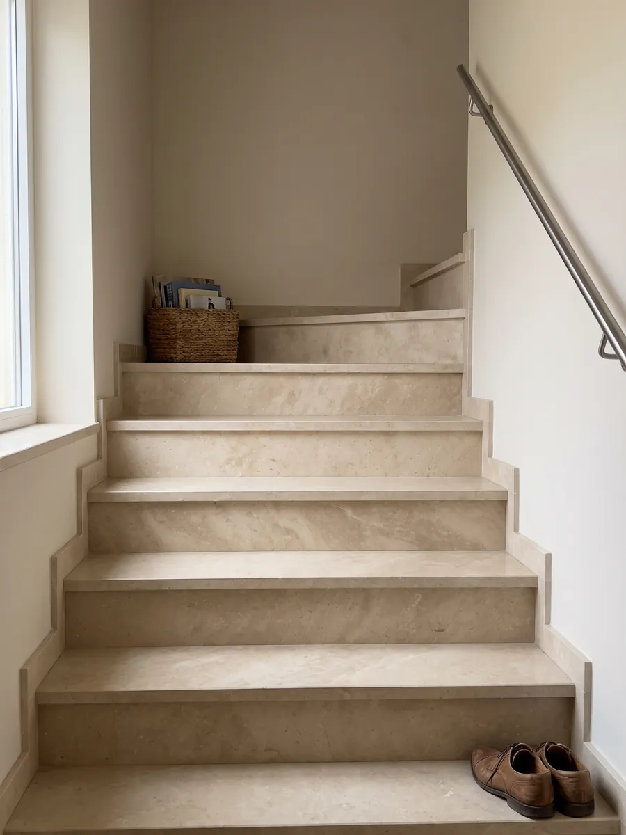 Escalera interior con peldaños de Mármol Marfil con pasamanos: beige cálido casi liso, con variaciones de tono muy suaves