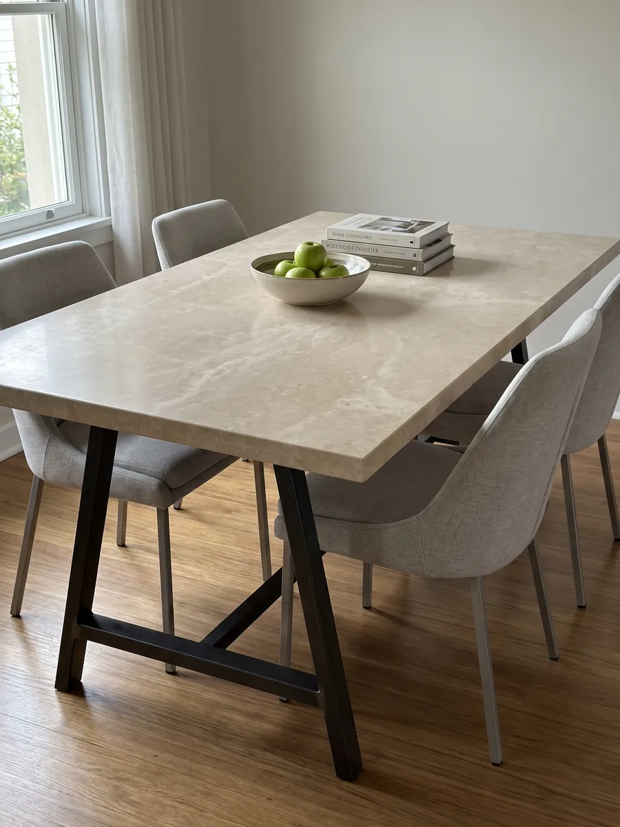 Mesa de comedor con cubierta de Mármol Marfil sobre base de acero: beige cálido casi liso, con variaciones de tono muy suaves