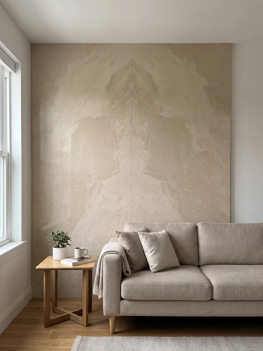 Pared de sala revestida con placas de Mármol Marfil abiertas en libro detrás de un sofá: beige cálido casi liso, con variaciones de tono muy suaves