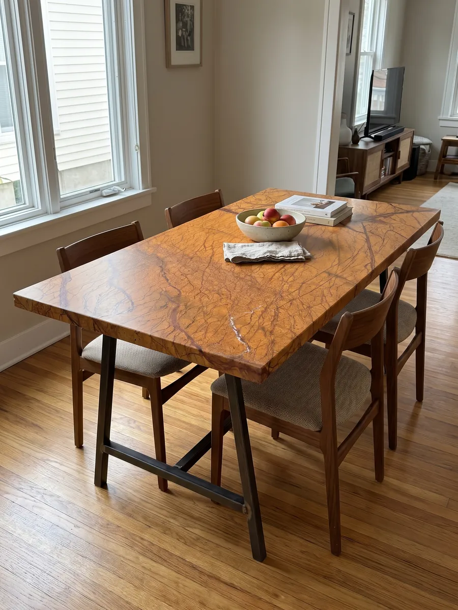 Mesa de comedor con cubierta de mármol naranja Picasso Gold sobre base de acero: naranja ocre intenso con una red de vetas marrón rojizo ramificadas