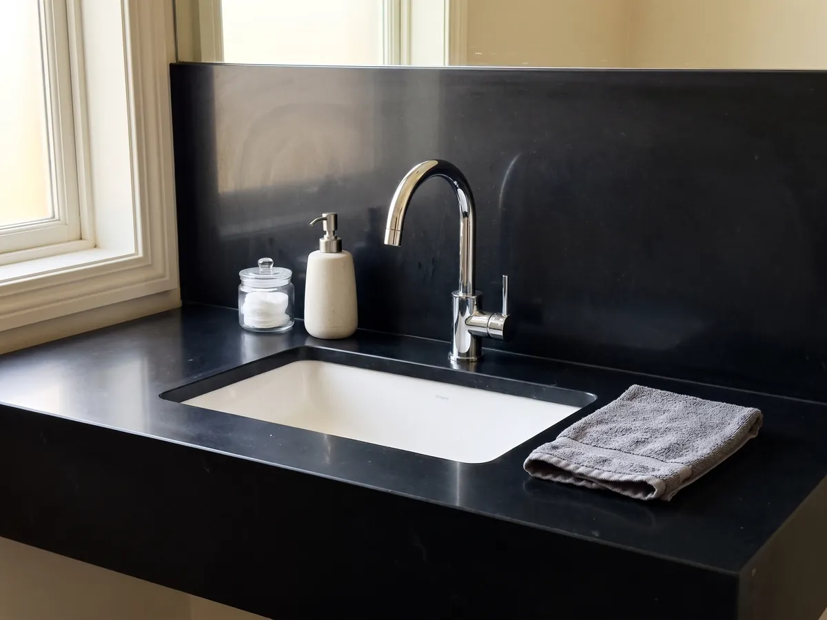 Cubierta de lavabo y pared de baño en Mármol Negro Belgio con lavamanos blanco y grifería cromada: negro completamente liso y homogéneo, sin vetas ni manchas