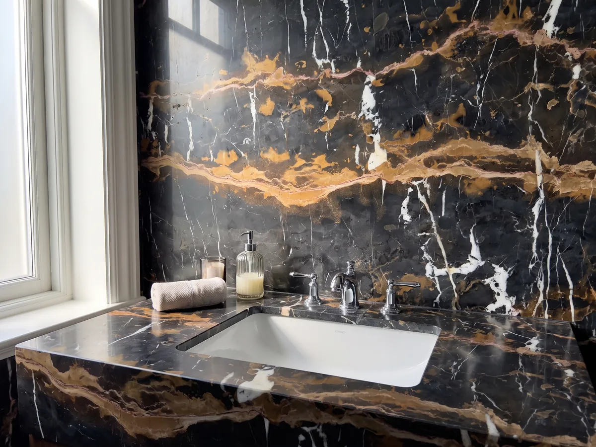 Cubierta de lavabo y pared de baño en mármol negro Black & Gold con lavamanos blanco y grifería cromada: negro con dos bandas horizontales ocre dorado y vetas blancas verticales