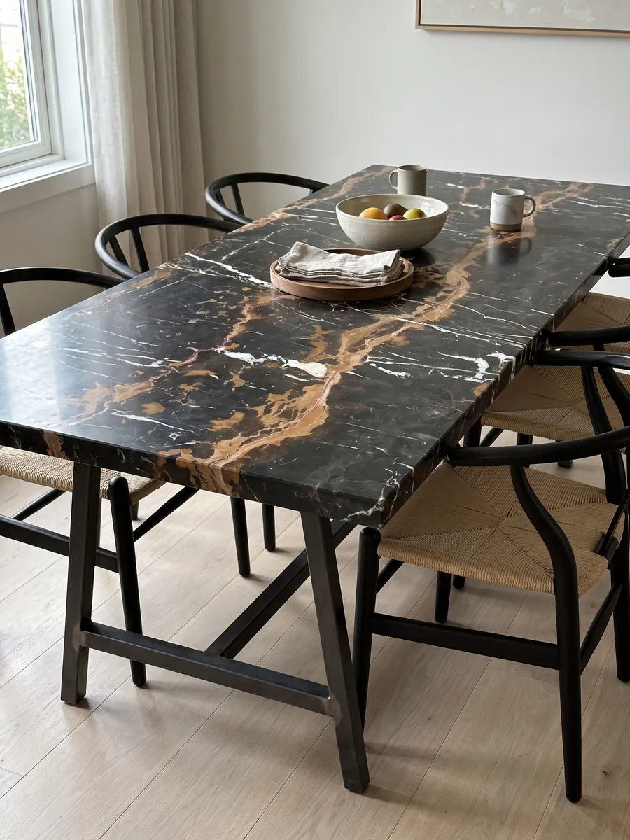 Mesa de comedor con cubierta de mármol negro Black & Gold sobre base de acero: negro con dos bandas horizontales ocre dorado y vetas blancas verticales