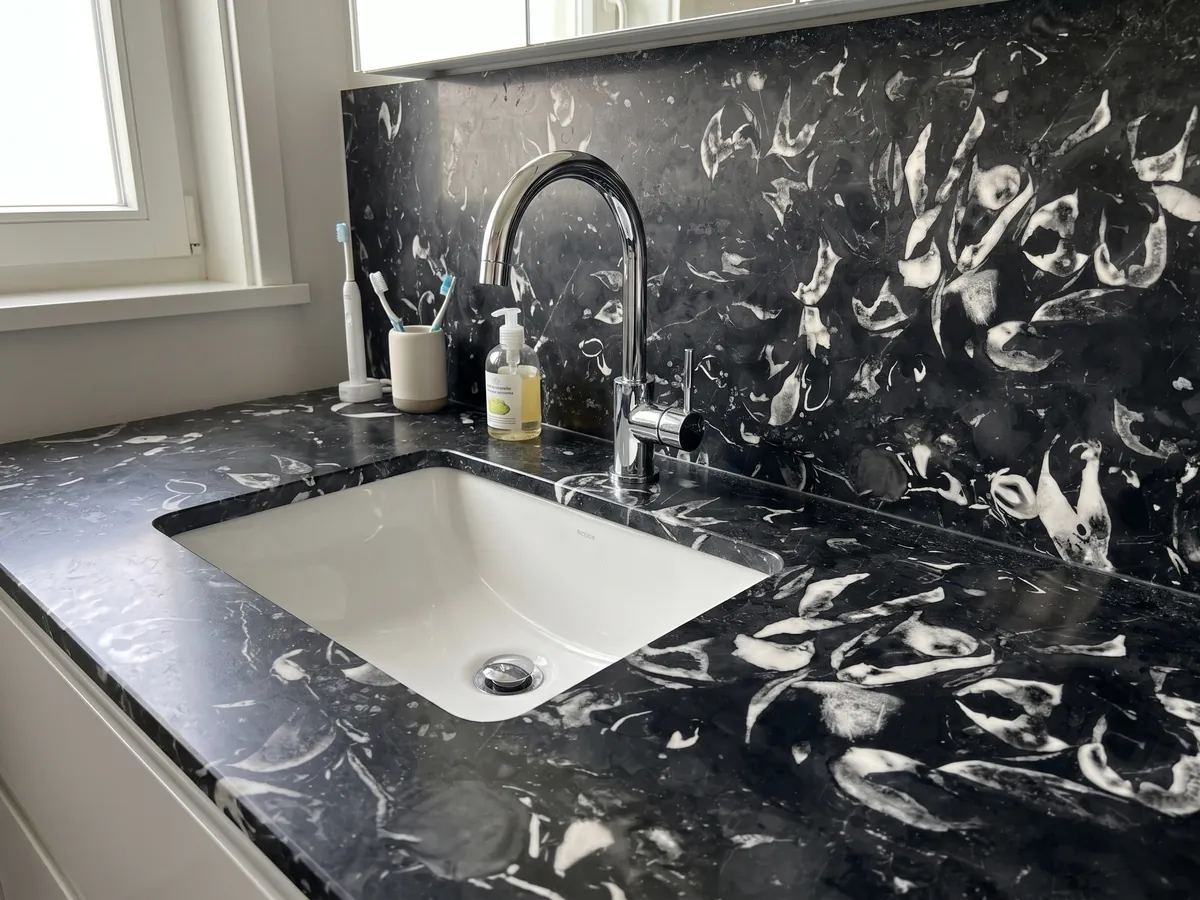 Cubierta de lavabo y pared de baño en Mármol Negro Boreale con lavamanos blanco y grifería cromada: negro azulado con conchas fósiles blancas curvas bien visibles