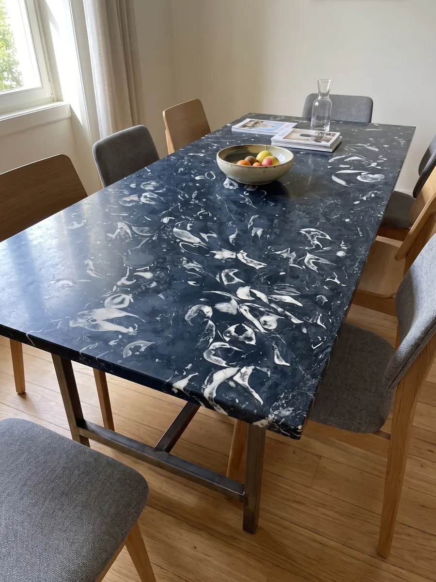 Mesa de comedor con cubierta de Mármol Negro Boreale sobre base de acero: negro azulado con conchas fósiles blancas curvas bien visibles