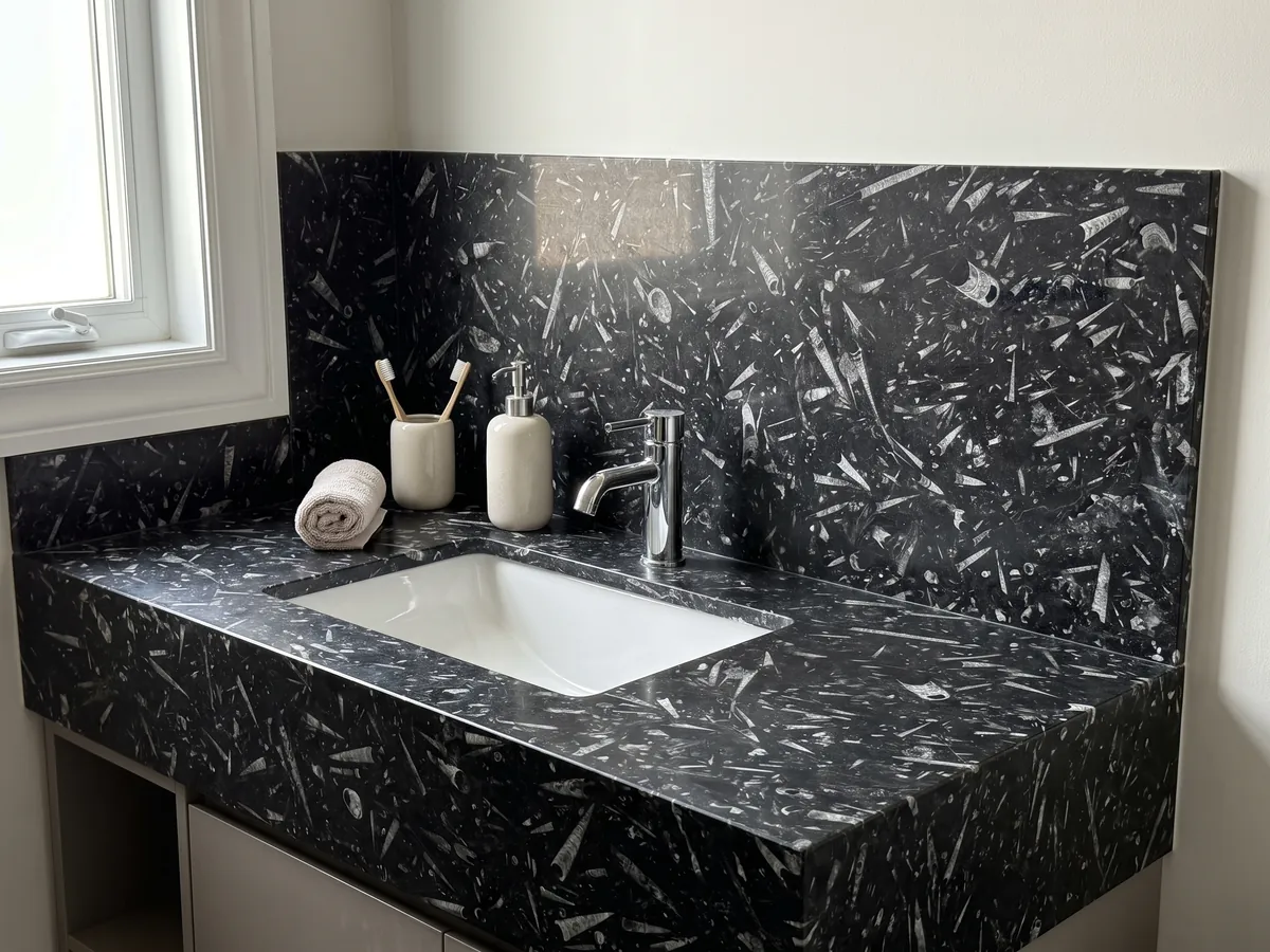 Cubierta de lavabo y pared de baño en mármol negro Fossil Black con lavamanos blanco y grifería cromada: fondo negro lleno de fósiles alargados en forma de cono, de color gris claro