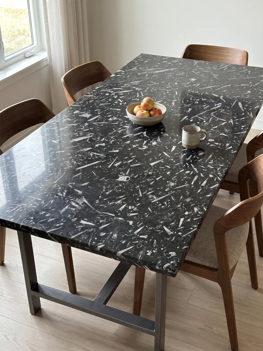 Mesa de comedor con cubierta de mármol negro Fossil Black sobre base de acero: fondo negro lleno de fósiles alargados en forma de cono, de color gris claro