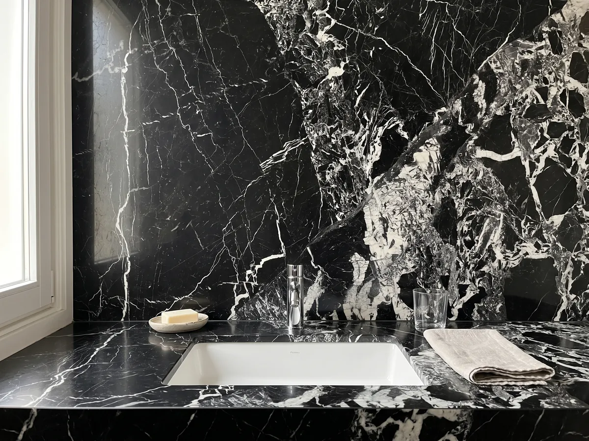 Cubierta de lavabo y pared de baño en mármol negro Grand Antique con lavamanos blanco y grifería cromada: negro intenso con una zona de fragmentos blancos rotos que ocupa un lado de la placa