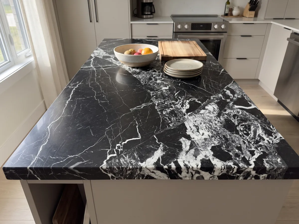 Isla de cocina con cubierta de mármol negro Grand Antique y canto recto en una cocina con luz natural: negro intenso con una zona de fragmentos blancos rotos que ocupa un lado de la placa