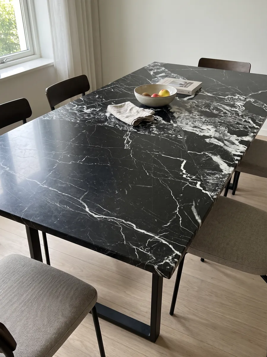 Mesa de comedor con cubierta de mármol negro Grand Antique sobre base de acero: negro intenso con una zona de fragmentos blancos rotos que ocupa un lado de la placa